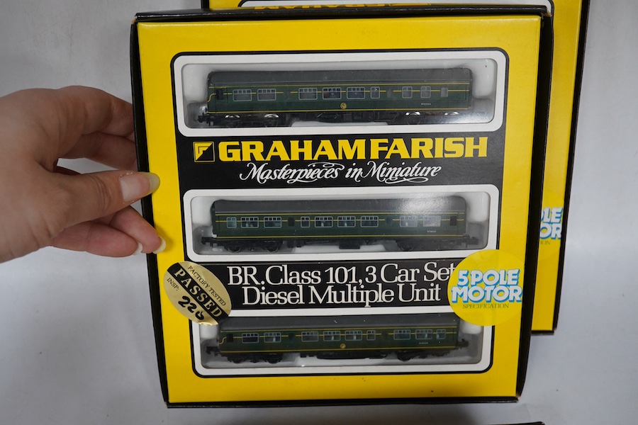 Four boxed Graham Farish N gauge railway Class 101 train packs; a BR Regional Railways 2-car DMU (8131), a Strathclyde 3-car DMU (814A), a BR 3-car DMU (8143) and a Network SouthEast 3-car DMU (8148). Condition - good.